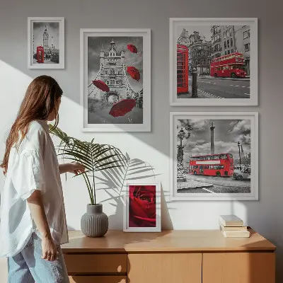 Set de tablouri decorative pentru perete cu motive londoneze și accente roșii
