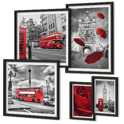Set de tablouri decorative pentru perete cu motive londoneze și accente roșii