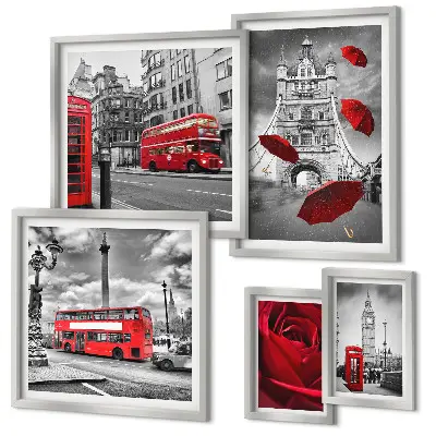 Set de tablouri decorative pentru perete cu motive londoneze și accente roșii