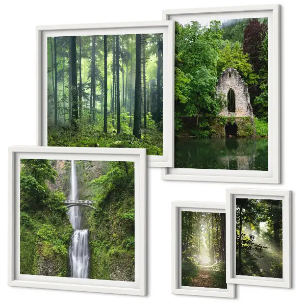 Set tablouri decorative de perete cu peisaje naturale de păduri verzi și cascade