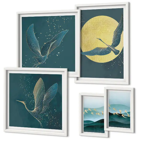 Set de tablouri decorative pentru perete peisaj cu păsări sub cerul nopții