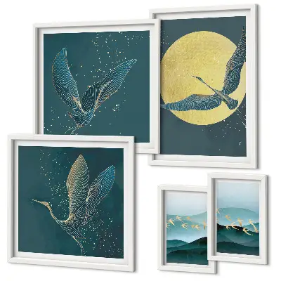 Set de tablouri decorative pentru perete peisaj cu păsări sub cerul nopții