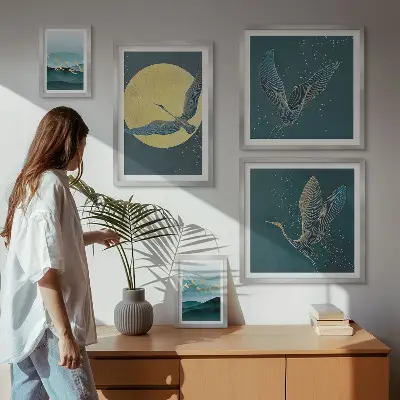 Set de tablouri decorative pentru perete peisaj cu păsări sub cerul nopții