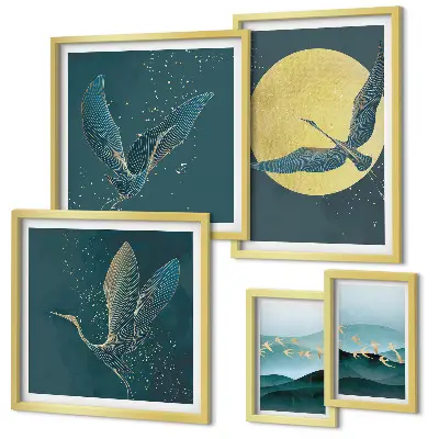 Set de tablouri decorative pentru perete peisaj cu păsări sub cerul nopții