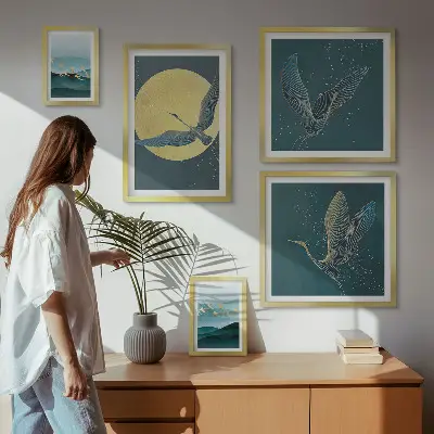 Set de tablouri decorative pentru perete peisaj cu păsări sub cerul nopții