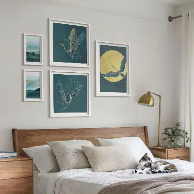 Set de tablouri decorative pentru perete peisaj cu păsări sub cerul nopții