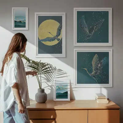 Set de tablouri decorative pentru perete peisaj cu păsări sub cerul nopții