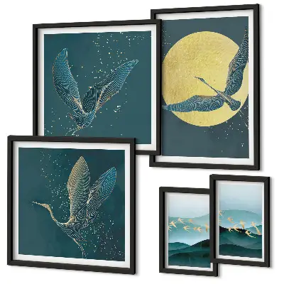 Set de tablouri decorative pentru perete peisaj cu păsări sub cerul nopții