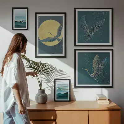 Set de tablouri decorative pentru perete peisaj cu păsări sub cerul nopții