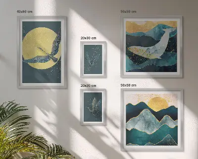 Tablou poliptic înrămat cu peisaj montan cu păsări în stil modern