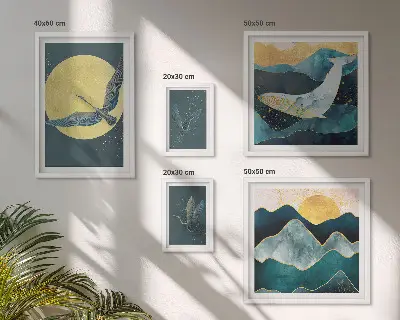 Tablou poliptic înrămat cu peisaj montan cu păsări în stil modern