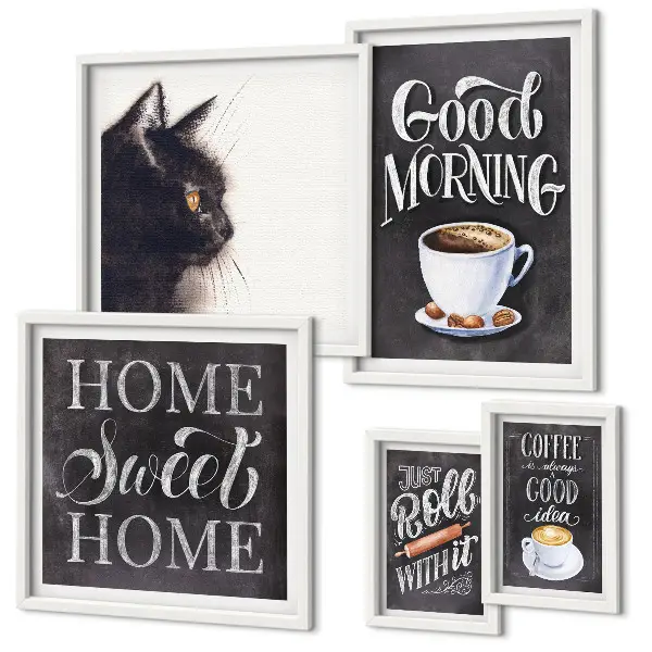 Set tablouri decorative pentru perete cu sloganuri pozitive despre pisici și cafea