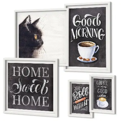 Set tablouri decorative pentru perete cu sloganuri pozitive despre pisici și cafea