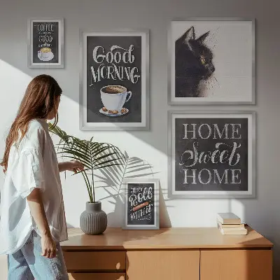Set tablouri decorative pentru perete cu sloganuri pozitive despre pisici și cafea