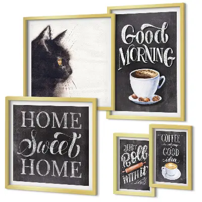 Set tablouri decorative pentru perete cu sloganuri pozitive despre pisici și cafea