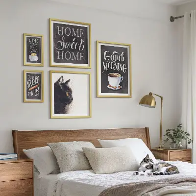 Set tablouri decorative pentru perete cu sloganuri pozitive despre pisici și cafea