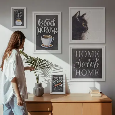 Set tablouri decorative pentru perete cu sloganuri pozitive despre pisici și cafea