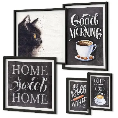 Set tablouri decorative pentru perete cu sloganuri pozitive despre pisici și cafea