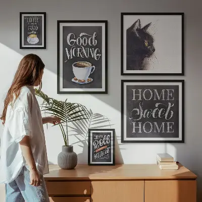 Set tablouri decorative pentru perete cu sloganuri pozitive despre pisici și cafea