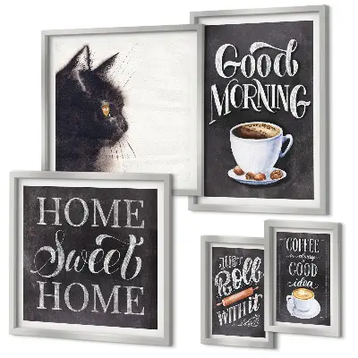 Set tablouri decorative pentru perete cu sloganuri pozitive despre pisici și cafea