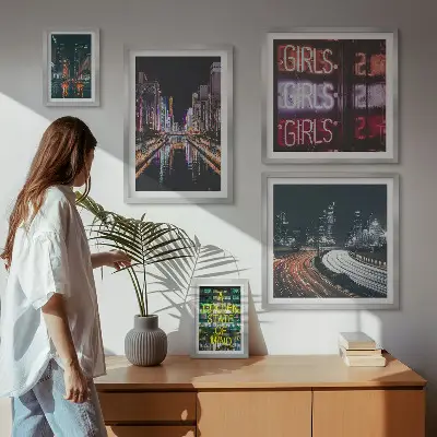 Tablou poliptic înrămat oraș modern pe timp de noapte cu neon