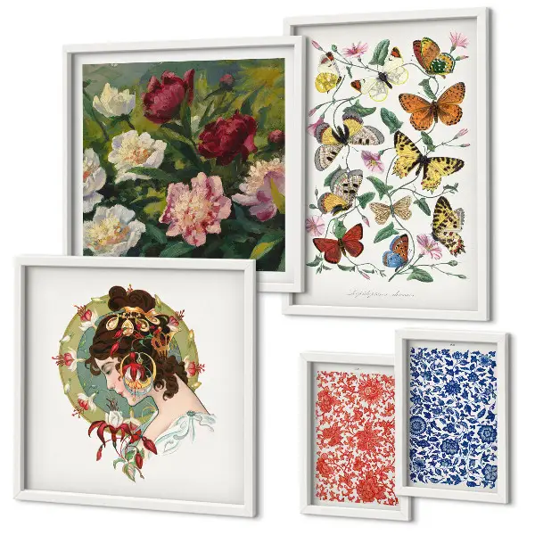 Tablou poliptic înrămat cu decor vintage cu flori și fluturi