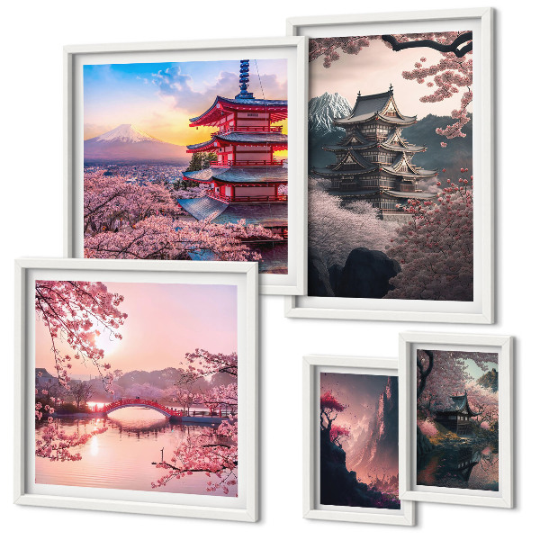 Decorațiune de perete set tablouri Peisaje japoneze cu cireși