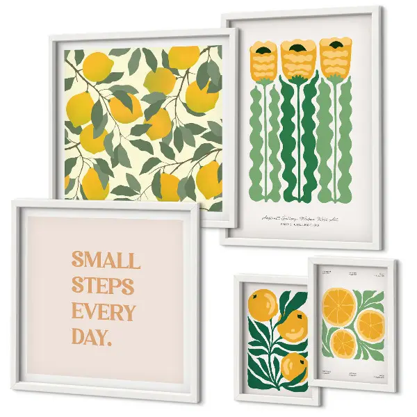 Set de tablouri decorative pentru perete cu imprimeu floral, citrice și mesaje pozitive