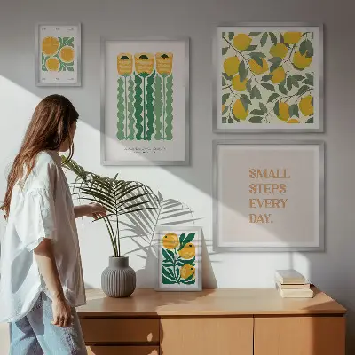 Set de tablouri decorative pentru perete cu imprimeu floral, citrice și mesaje pozitive