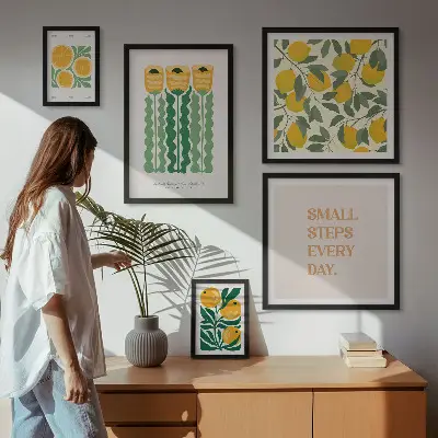 Set de tablouri decorative pentru perete cu imprimeu floral, citrice și mesaje pozitive