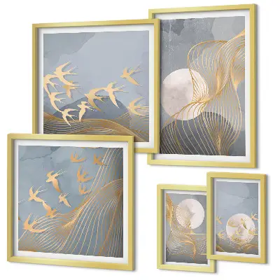 Valuri și păsări abstracte tablou poliptic înrămat