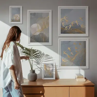 Valuri și păsări abstracte tablou poliptic înrămat
