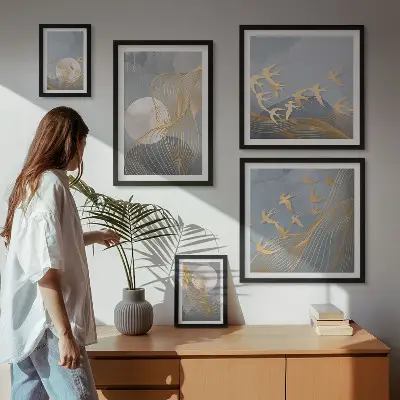 Valuri și păsări abstracte tablou poliptic înrămat