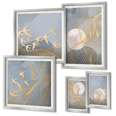 Valuri și păsări abstracte tablou poliptic înrămat
