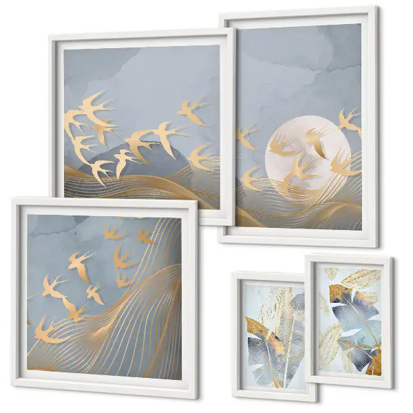 Set de tablouri decorative de perete păsări elegante cu frunze gri