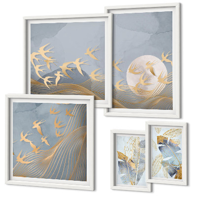 Decorațiune de perete set tablouri Păsări elegante, frunze gri