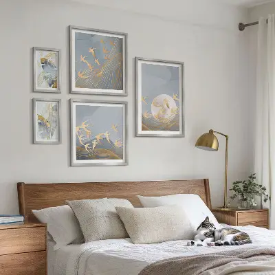 Set de tablouri decorative de perete păsări elegante cu frunze gri