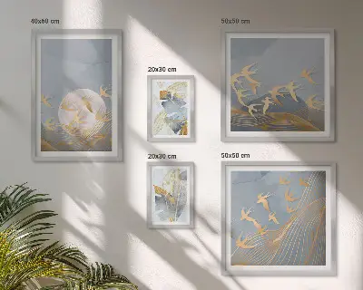 Set de tablouri decorative de perete păsări elegante cu frunze gri