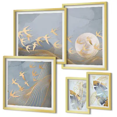 Set de tablouri decorative de perete păsări elegante cu frunze gri