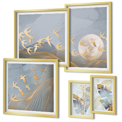 Decorațiune de perete set tablouri Păsări elegante, frunze gri
