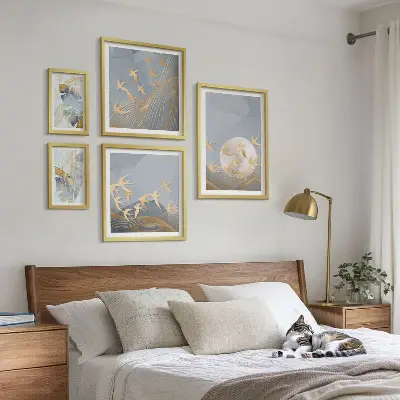 Set de tablouri decorative de perete păsări elegante cu frunze gri