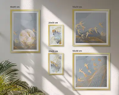 Set de tablouri decorative de perete păsări elegante cu frunze gri