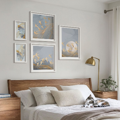 Decorațiune de perete set tablouri Păsări elegante, frunze gri