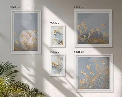 Set de tablouri decorative de perete păsări elegante cu frunze gri