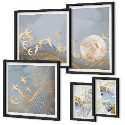 Set de tablouri decorative de perete păsări elegante cu frunze gri