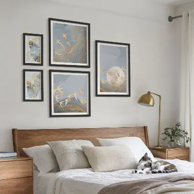 Set de tablouri decorative de perete păsări elegante cu frunze gri