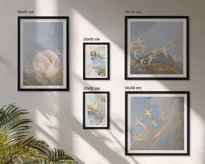 Set de tablouri decorative de perete păsări elegante cu frunze gri