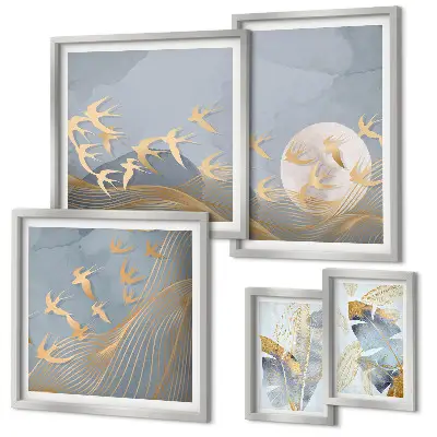 Set de tablouri decorative de perete păsări elegante cu frunze gri