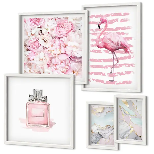 Set de tablouri decorative pentru perete cu accente roz elegante și flori de flamingo