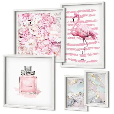 Set de tablouri decorative pentru perete cu accente roz elegante și flori de flamingo
